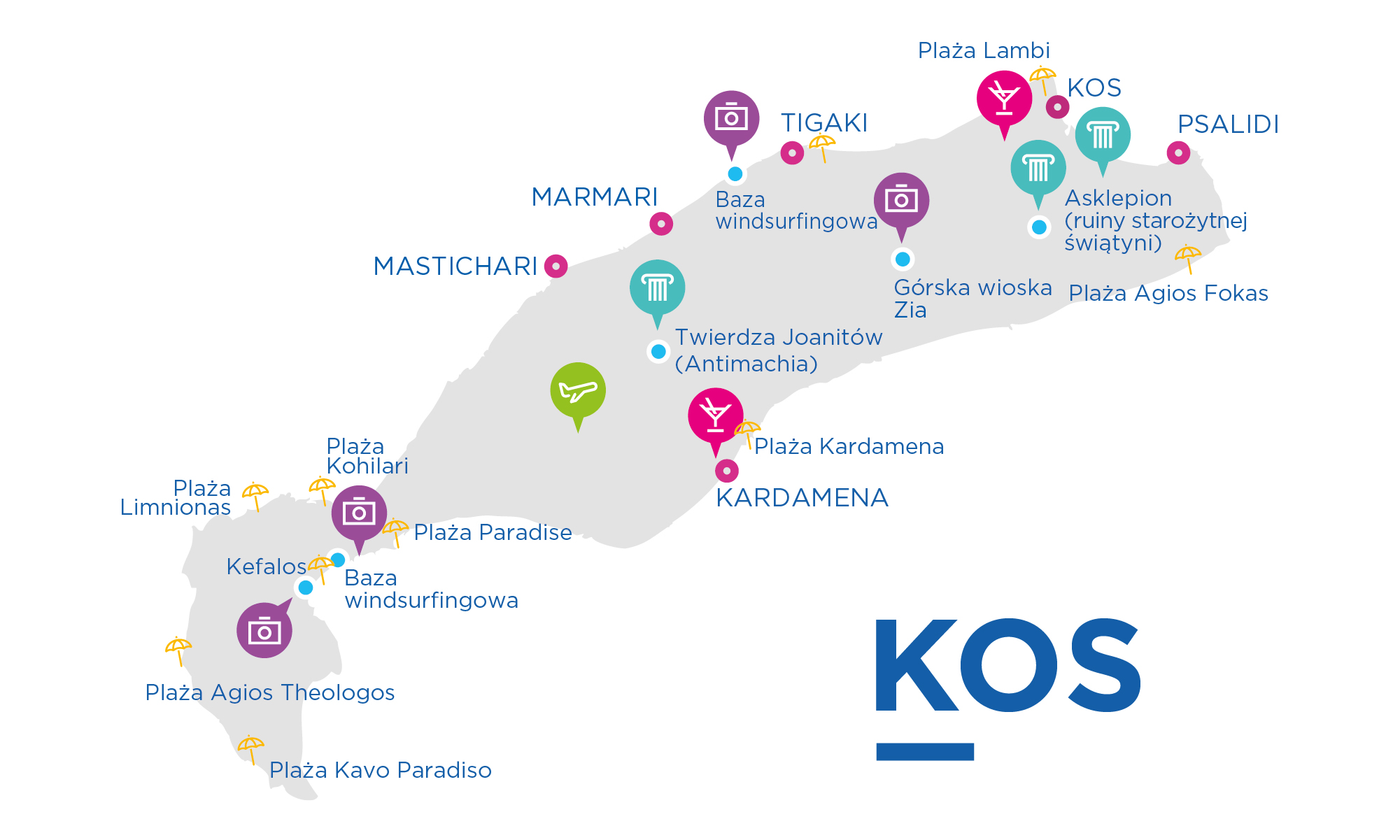 Mapa wyspy Kos z zaznaczonymi kurortami i atrakcjami