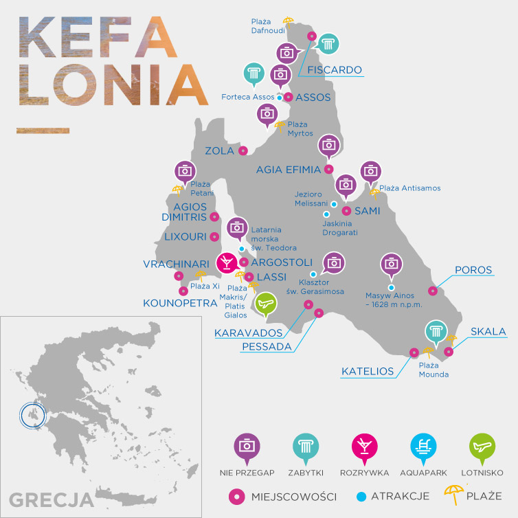 Grecosowa mapa Kefalonii z zaznaczonymi najważniejszymi atrakcjami na wyspie