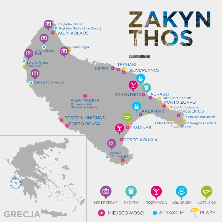Mapa Zakynthos z zaznaczonymi atrakcjami i kurortami