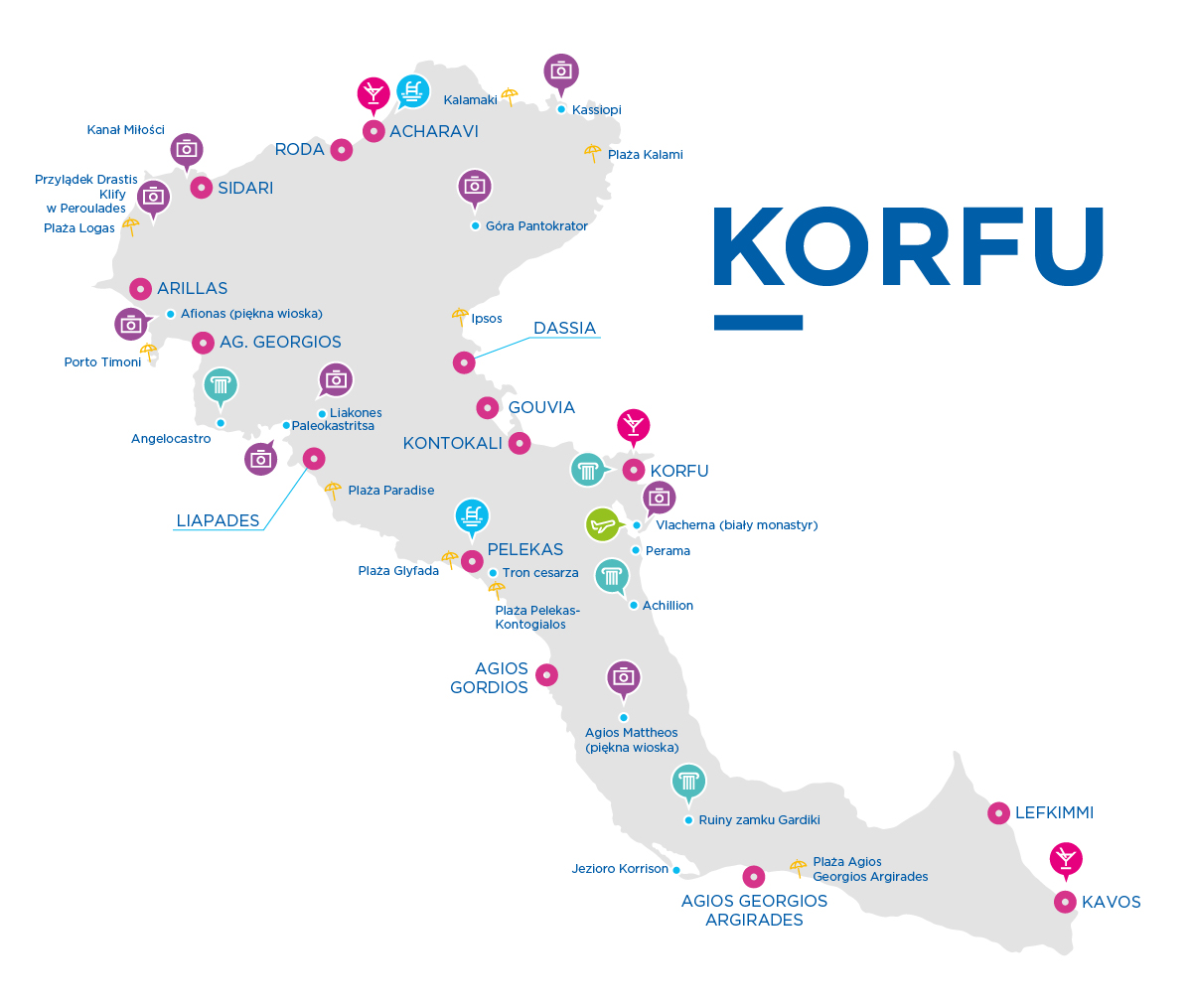 Mapa Korfu z atrakcjami i kurortami