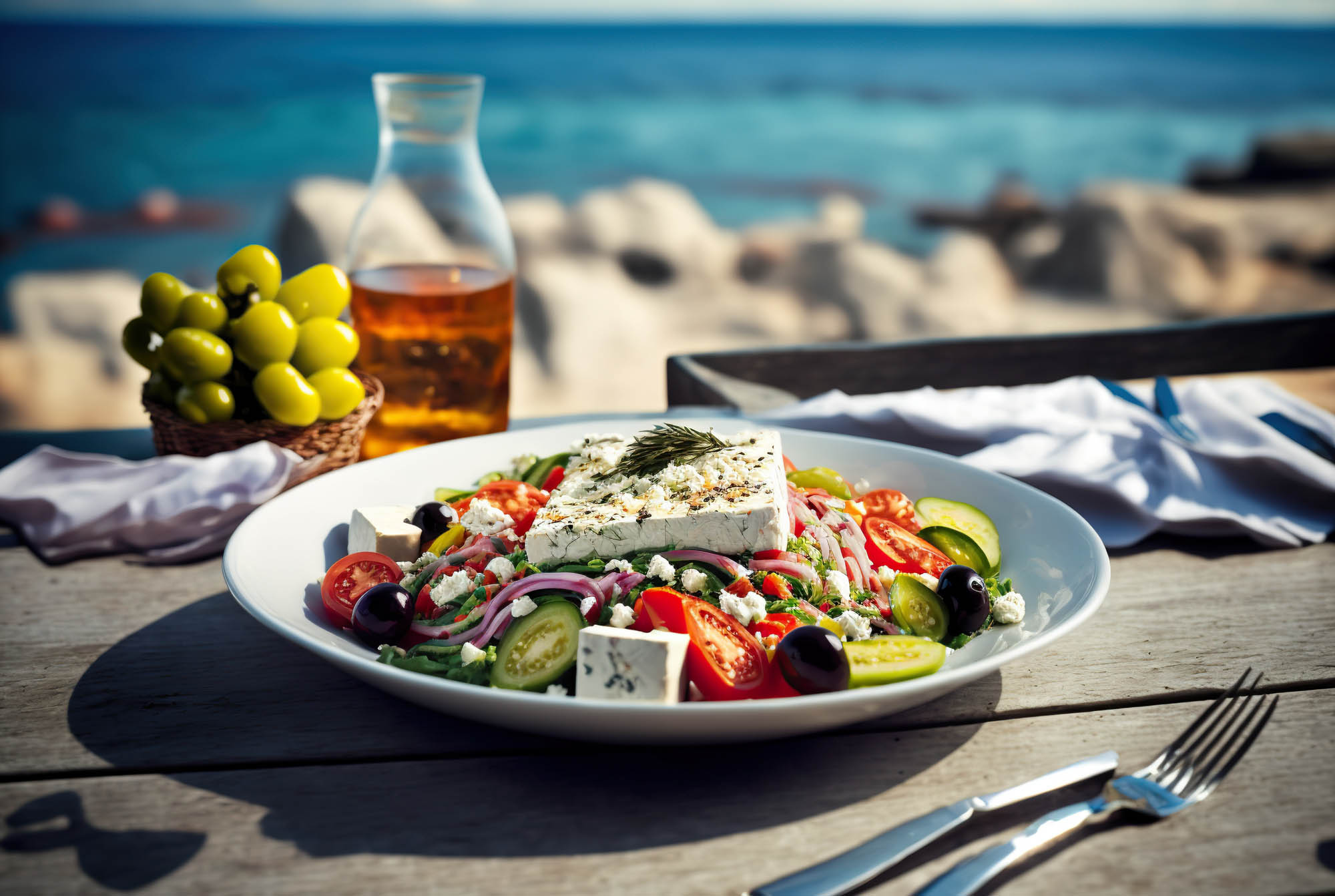 zdjęcie typowej greckiej sałatki, a w tle morze i butelka z oliwą z oliwek.