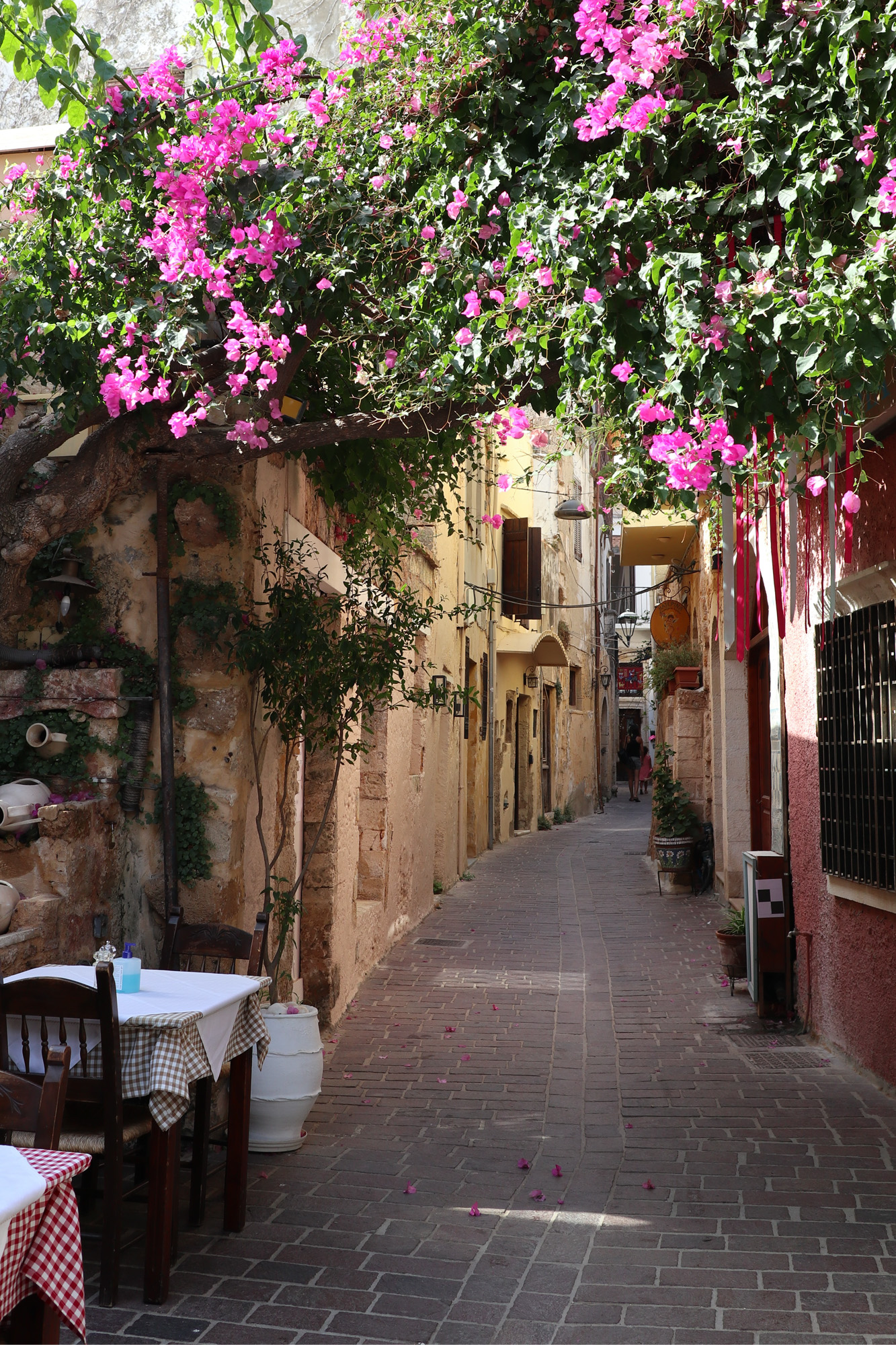 chania, jedna z ulic starego miasta obsypana kwiatami