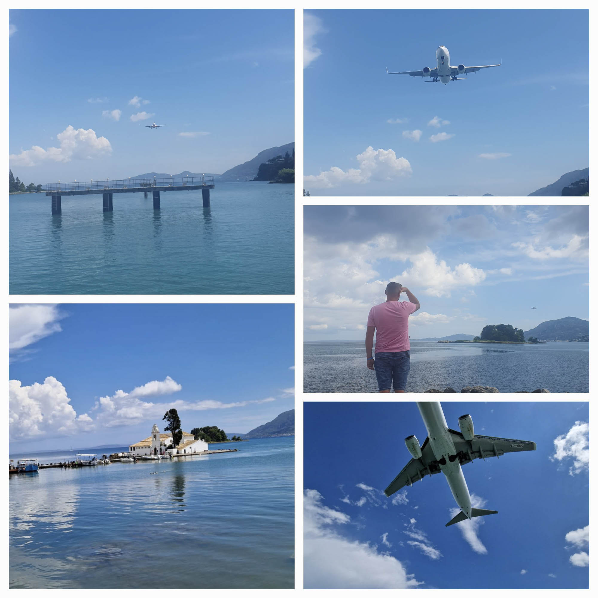półwysep kanoni i punkt widokowy, widok na startujące samoloty, wspomnienia z wakacji, kolaż zdjęć