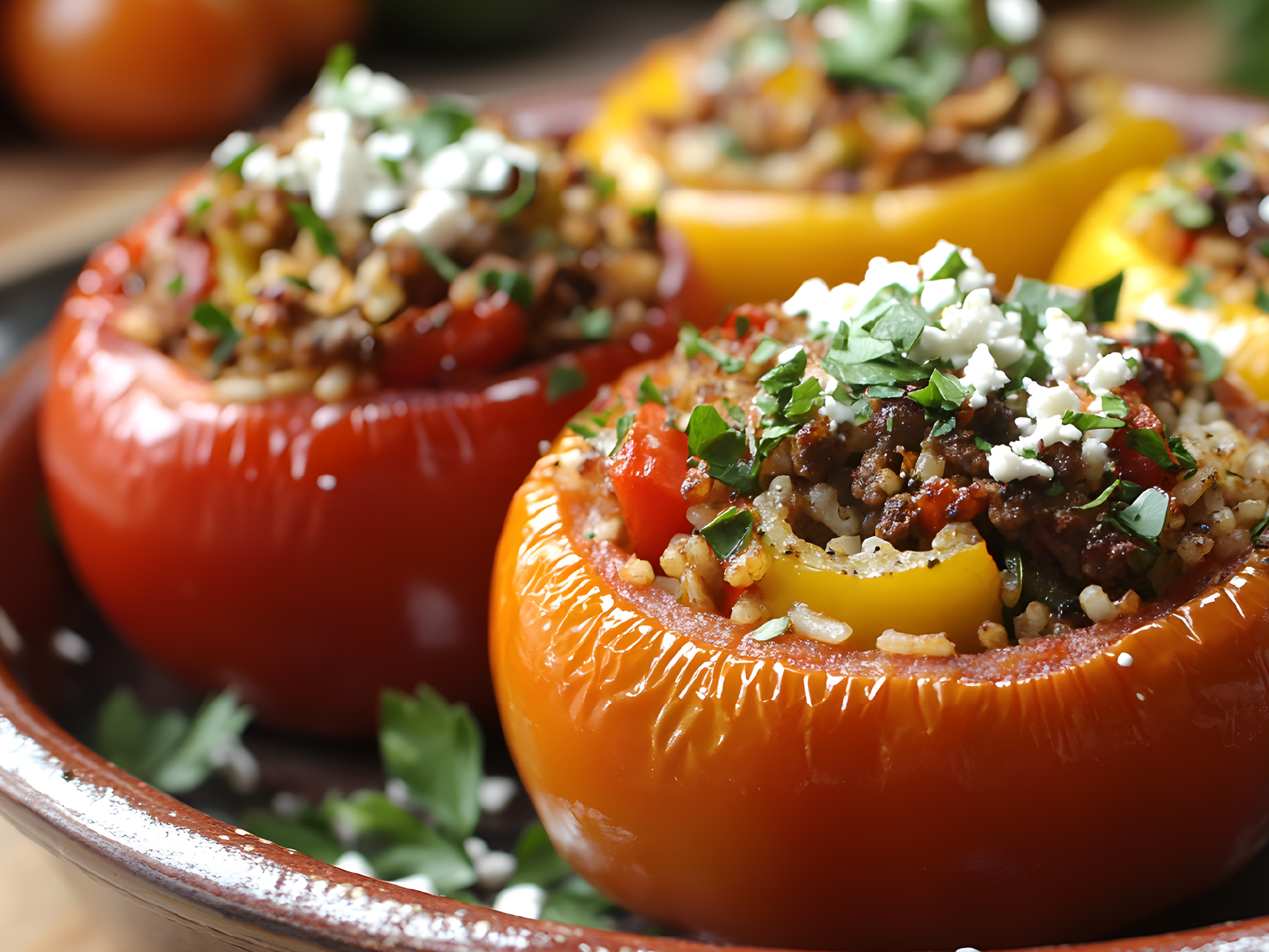 gemista, tradycyjne danie greckie, pomidory nadziewane posypane fetą