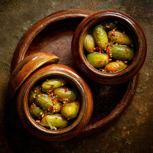 oliwki w glinianymi naczyniu z papryką