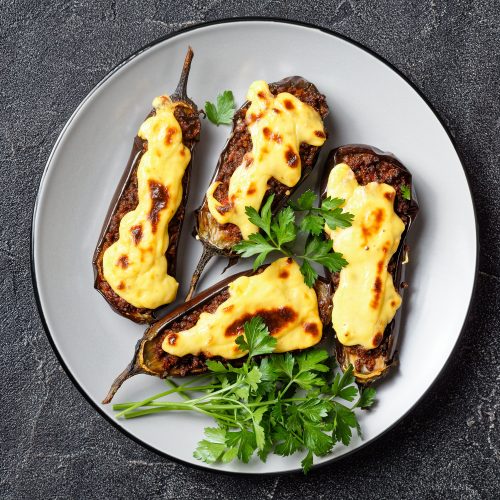 Papoutsakia, greckie pyszne danie, widok z góry na bakłażana