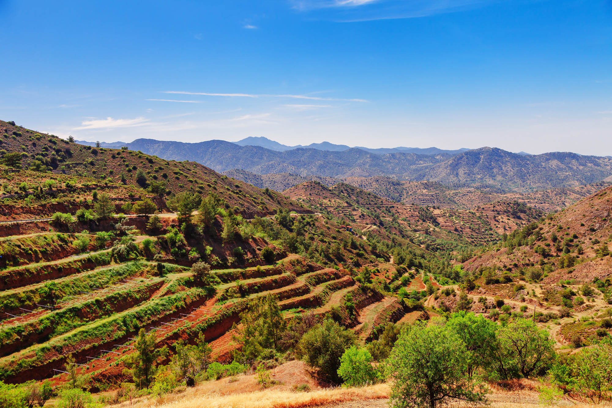 widok na góry troodos w drodze do wioski lefkara, cypr