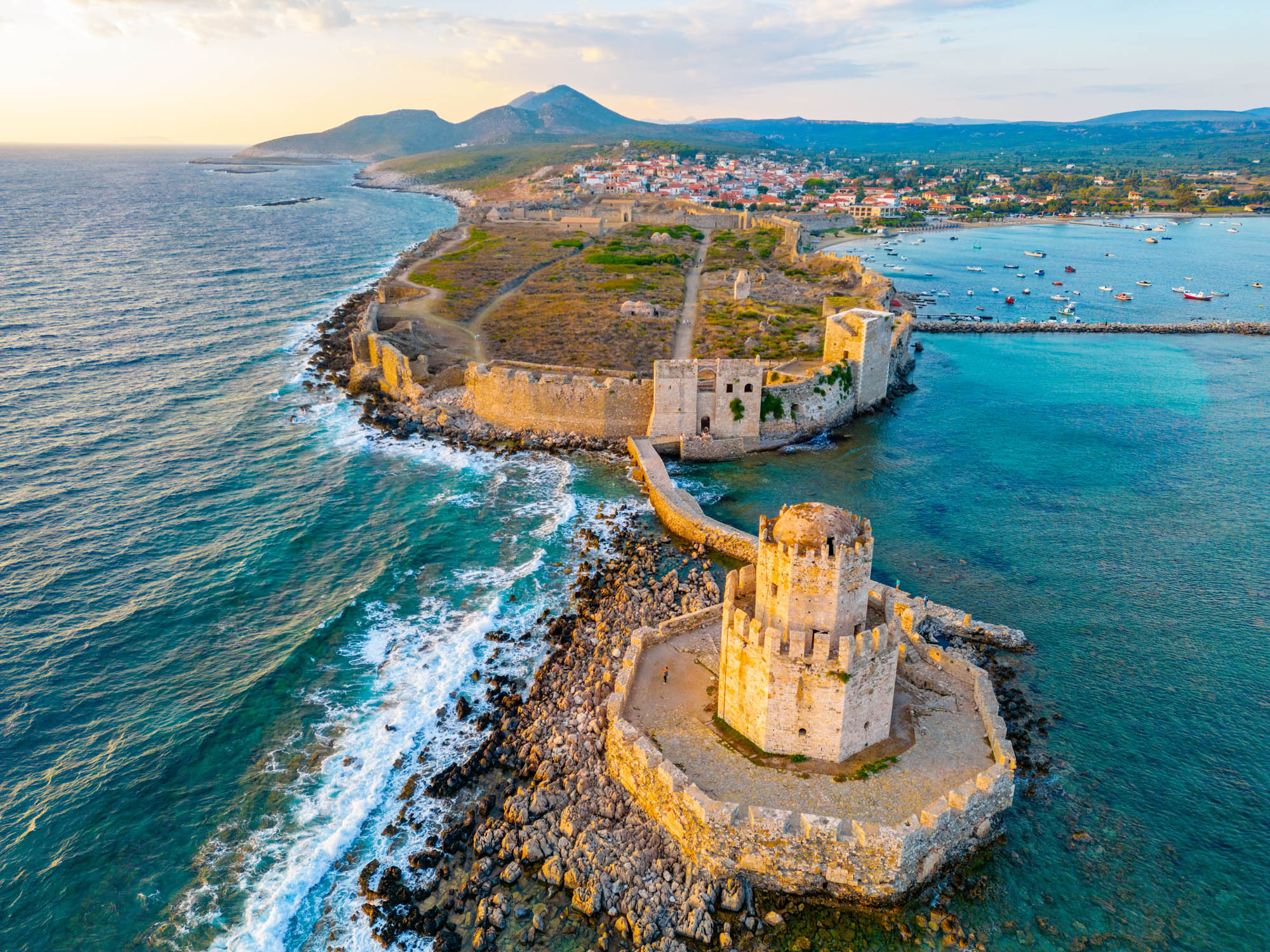 methoni, zachód słońca, twierdza peloponez