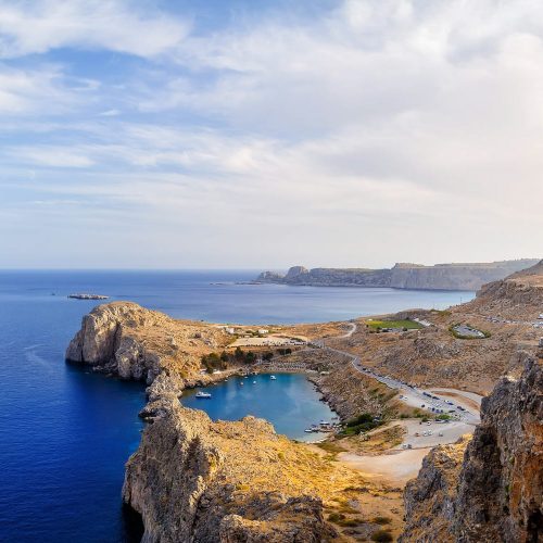 widok z akropolu lindos na zatokę św pawła